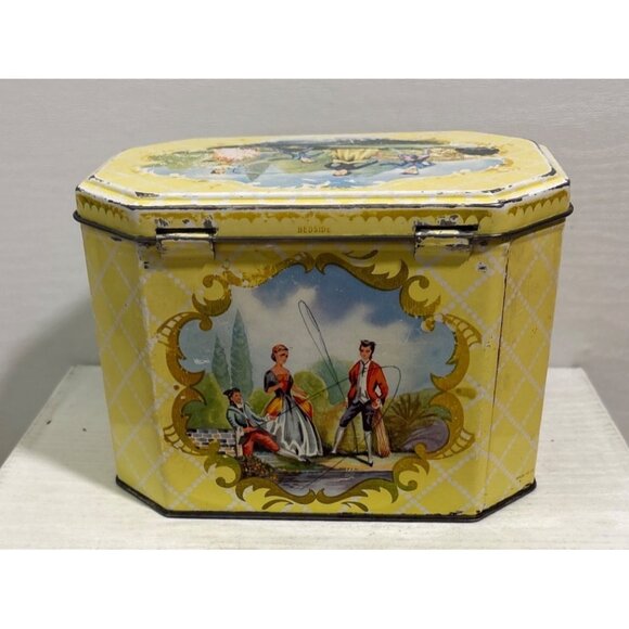 Vtg Huntley & Palmers Biscuit Tin Victorian Fishing Scene Octagonal Yellow MCM - Picture 5 of 13